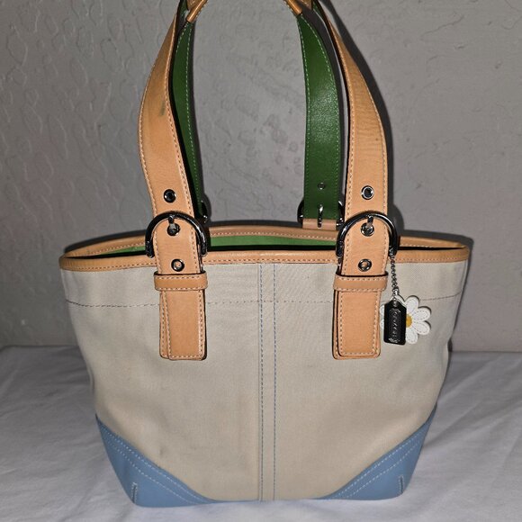 VTG COACH Hamptons Soho Daisy Cabriolet Canvas W/ Blue & Green Leather Tote 4428 - Picture 1 of 15